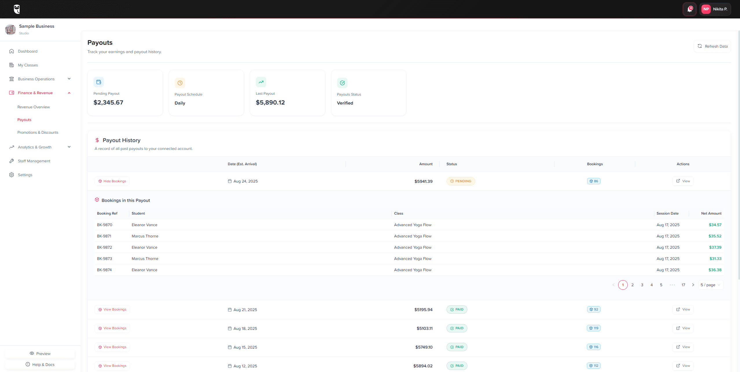 Dashboard view for Payouts